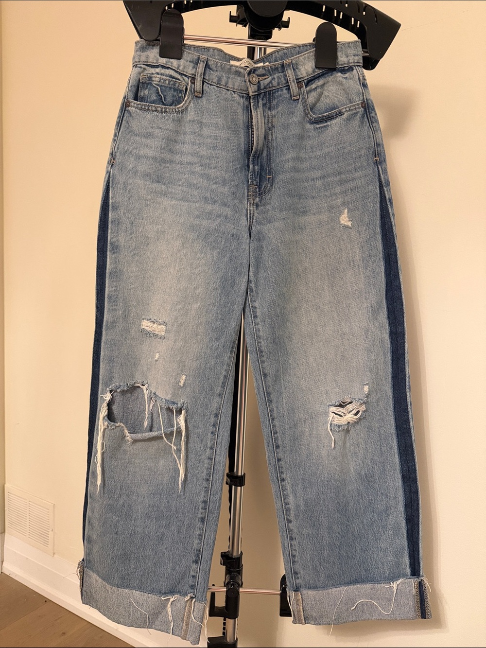Light Blue Distressed Boyfriend Jeans with Dark Side Stripe
